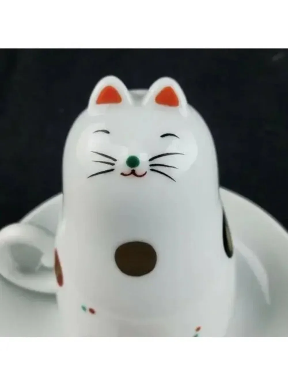 2000s Maneki Neko Cat Teacup Upside Down Cup and Saucer Set- 2 Pieces
